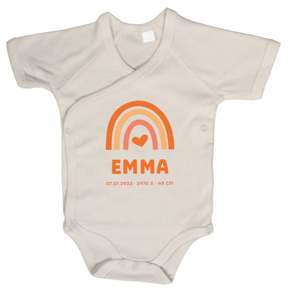 Baby Body Kurzarm mit Name & Geburtsdaten | Wickelbody aus Bio-Baumwolle | Regenbogen Gelb