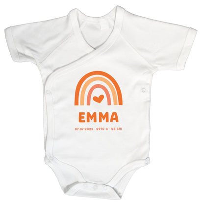 Baby Body Kurzarm mit Name & Geburtsdaten | Wickelbody aus Bio-Baumwolle | Regenbogen Gelb