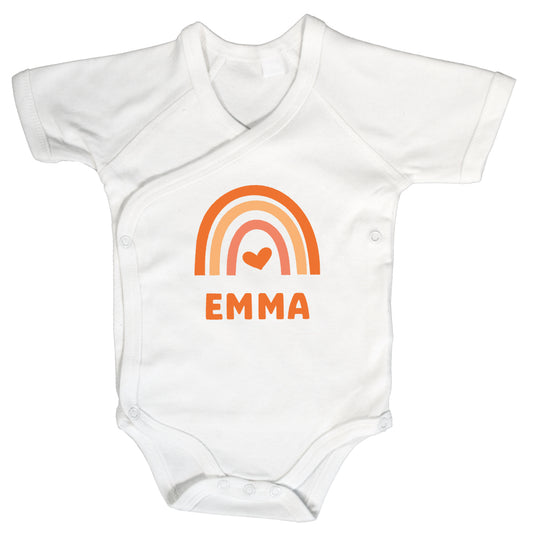 Baby Body Kurzarm mit Name & Geburtsdaten | Wickelbody aus Bio-Baumwolle | Regenbogen Gelb