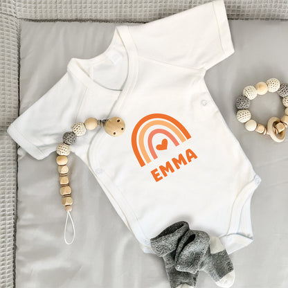 Baby Body Kurzarm mit Name & Geburtsdaten | Wickelbody aus Bio-Baumwolle | Regenbogen Gelb
