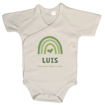 Baby Body Kurzarm mit Name & Geburtsdaten | Wickelbody aus Bio-Baumwolle | Regenbogen Grün