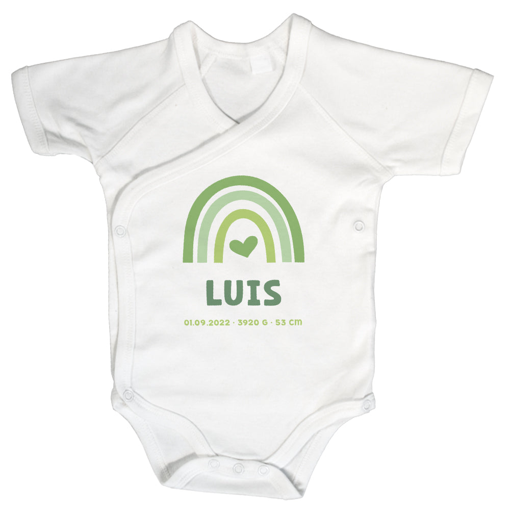 Baby Body Kurzarm mit Name & Geburtsdaten | Wickelbody aus Bio-Baumwolle | Regenbogen Grün