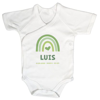 Baby Body Kurzarm mit Name & Geburtsdaten | Wickelbody aus Bio-Baumwolle | Regenbogen Grün