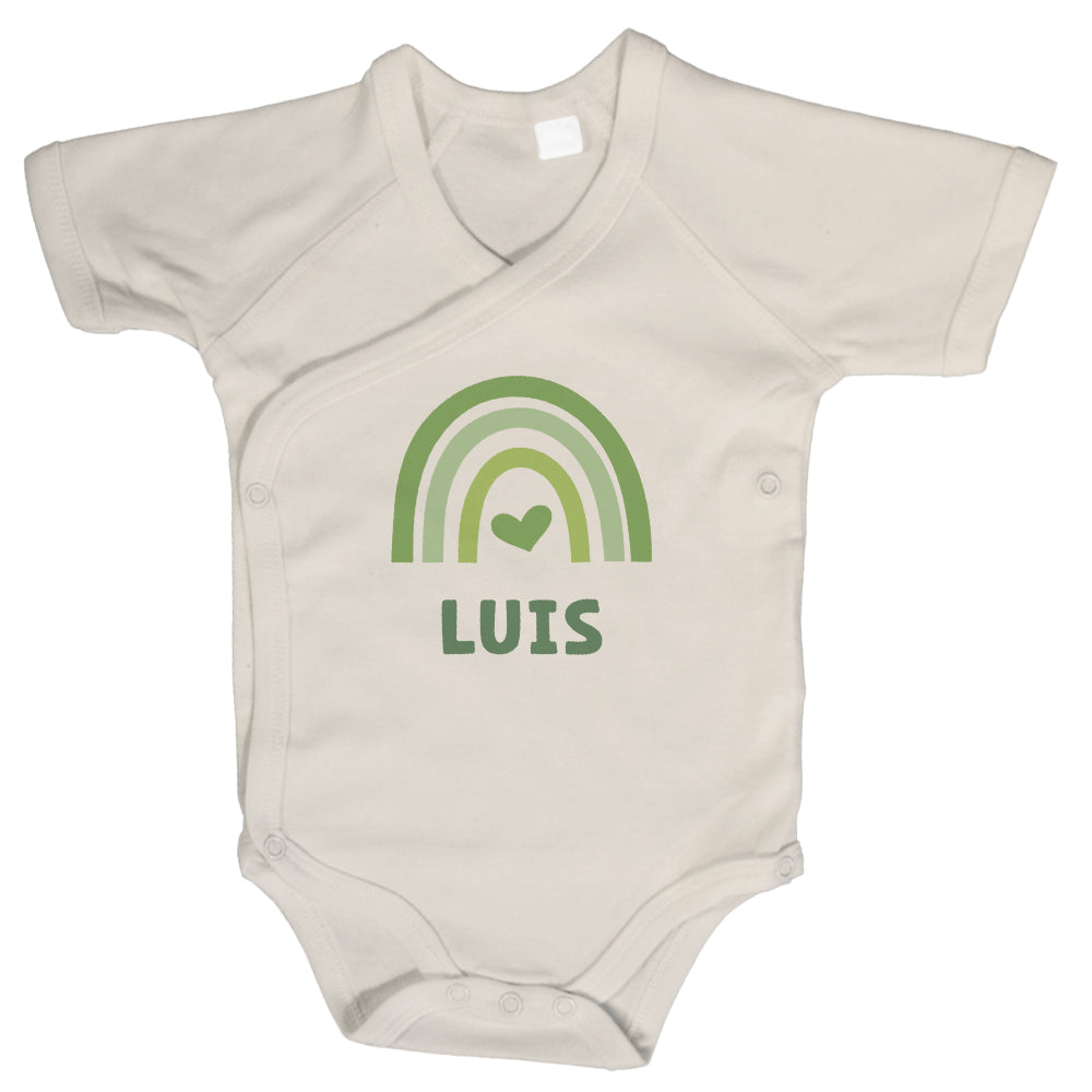 Baby Body Kurzarm mit Name & Geburtsdaten | Wickelbody aus Bio-Baumwolle | Regenbogen Grün