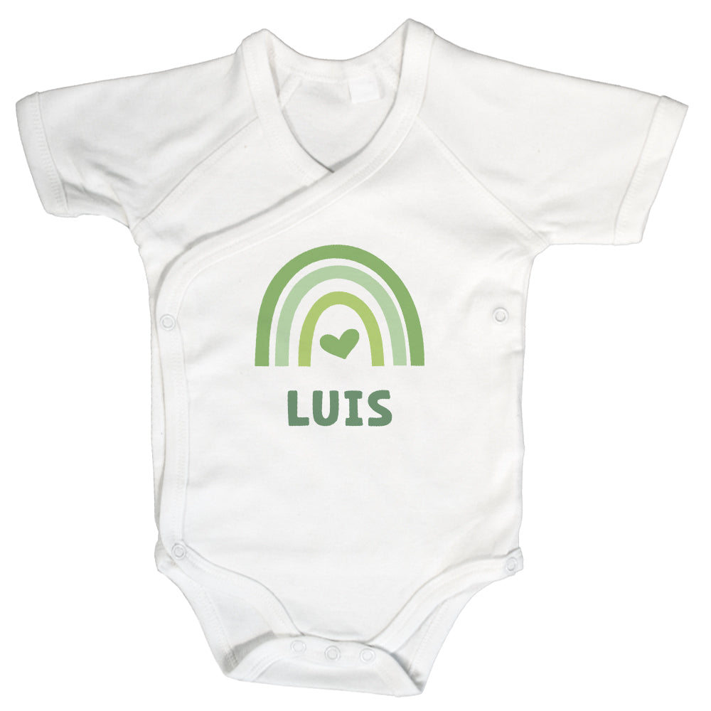 Baby Body Kurzarm mit Name & Geburtsdaten | Wickelbody aus Bio-Baumwolle | Regenbogen Grün