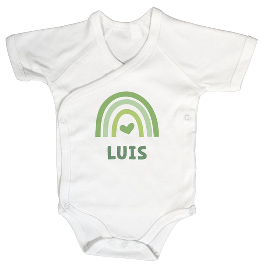 Baby Body Kurzarm mit Name & Geburtsdaten | Wickelbody aus Bio-Baumwolle | Regenbogen Grün