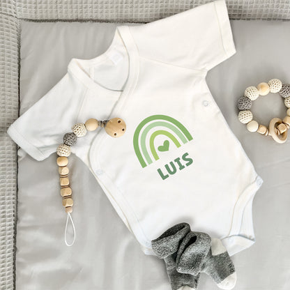 Baby Body Kurzarm mit Name & Geburtsdaten | Wickelbody aus Bio-Baumwolle | Regenbogen Grün