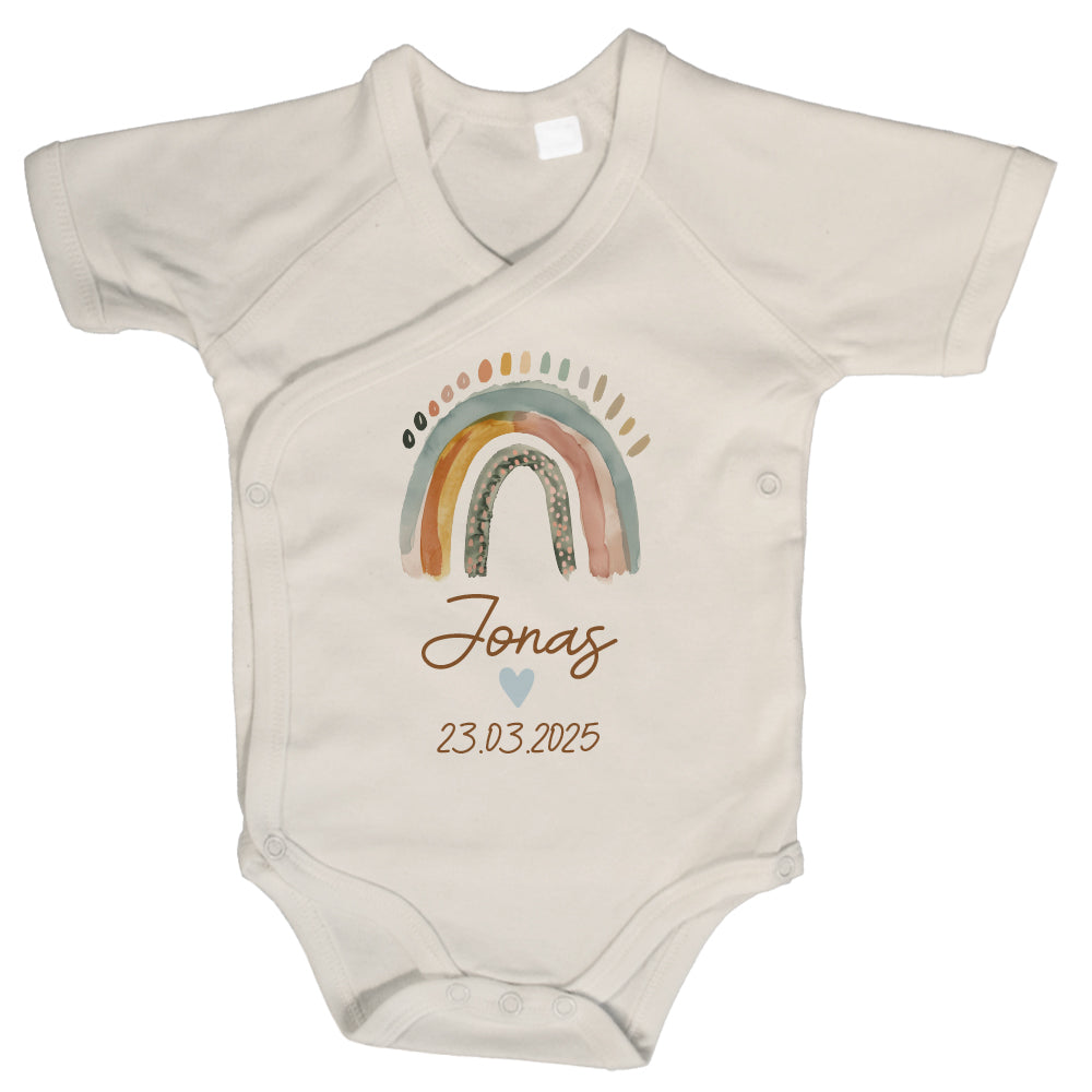 Baby Body Kurzarm mit Name & Geburtsdatum | Wickelbody aus Bio-Baumwolle | Boho Regenbogen