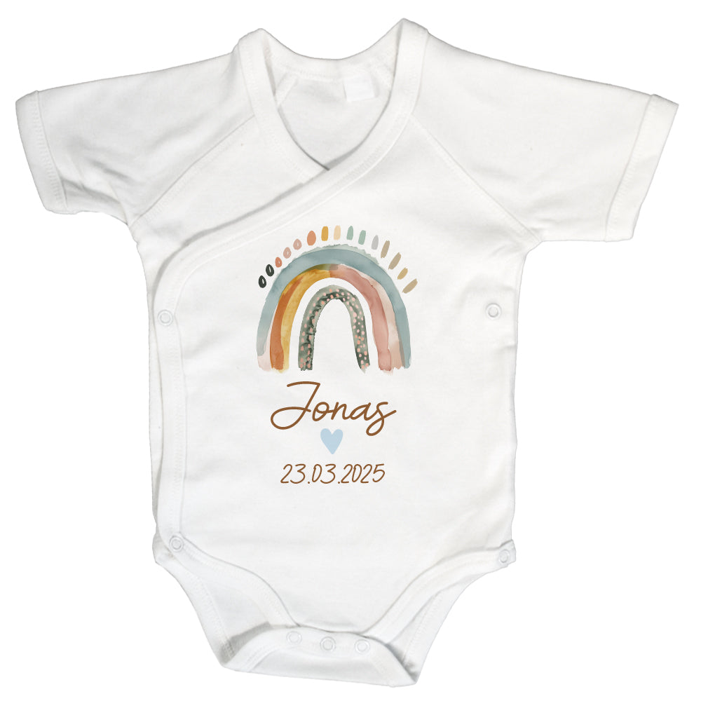 Baby Body Kurzarm mit Name & Geburtsdatum | Wickelbody aus Bio-Baumwolle | Boho Regenbogen