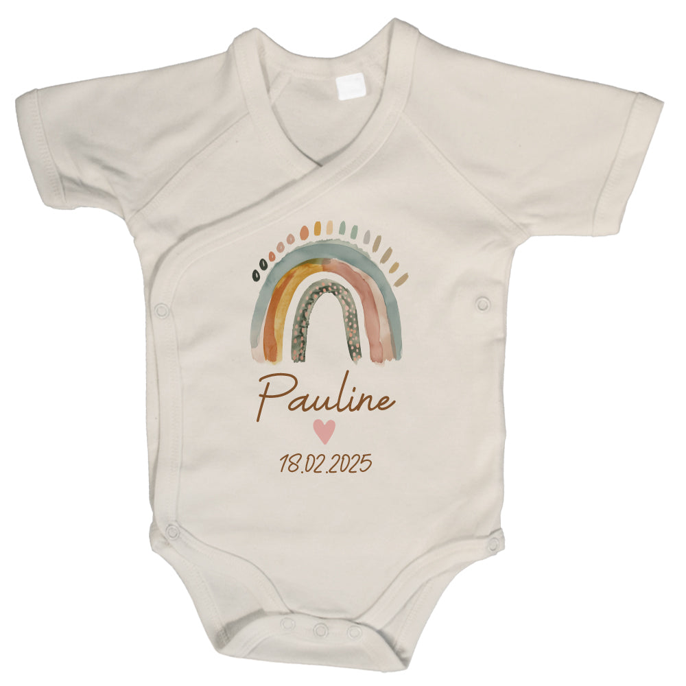 Baby Body Kurzarm mit Name & Geburtsdatum | Wickelbody aus Bio-Baumwolle | Boho Regenbogen
