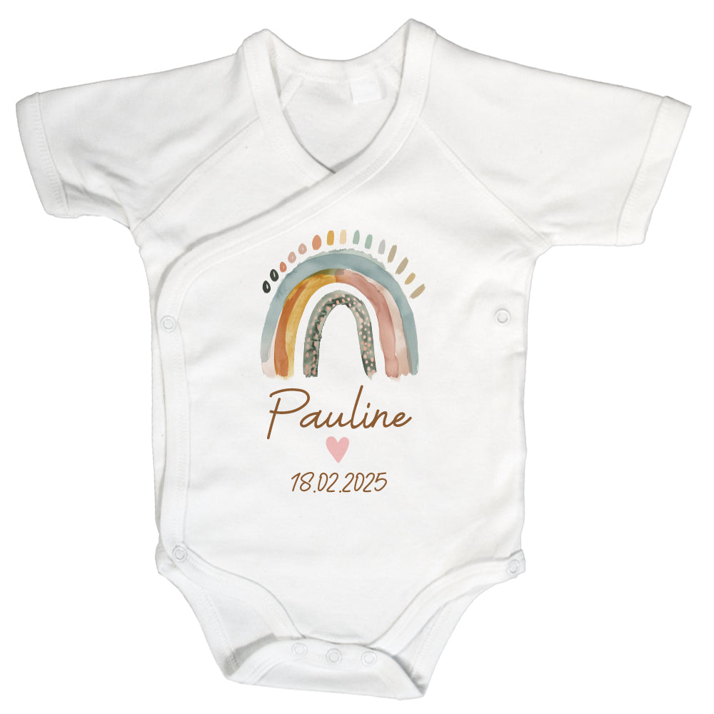 Baby Body Kurzarm mit Name & Geburtsdatum | Wickelbody aus Bio-Baumwolle | Boho Regenbogen