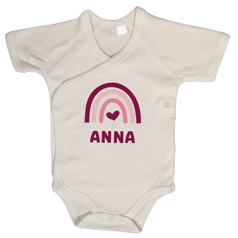 Baby Body Kurzarm mit Name & Geburtsdaten | Wickelbody aus Bio-Baumwolle | Regenbogen Pink