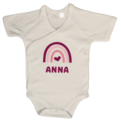 Baby Body Kurzarm mit Name & Geburtsdaten | Wickelbody aus Bio-Baumwolle | Regenbogen Pink