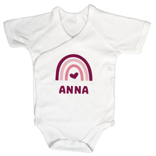 Baby Body Kurzarm mit Name & Geburtsdaten | Wickelbody aus Bio-Baumwolle | Regenbogen Pink