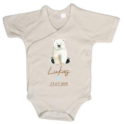 Baby Body Kurzarm mit Name & Geburtsdatum | Wickelbody aus Bio-Baumwolle | Tierparty - Eisbär