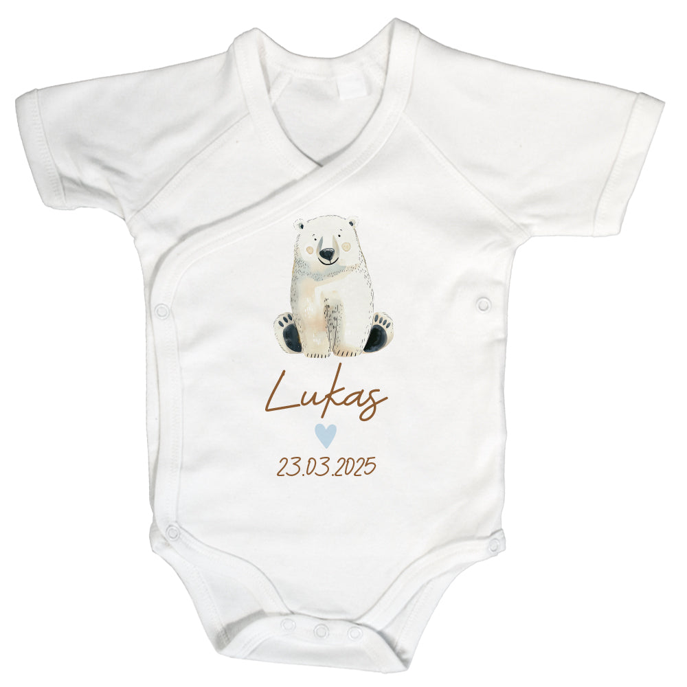 Baby Body Kurzarm mit Name & Geburtsdatum | Wickelbody aus Bio-Baumwolle | Tierparty - Eisbär