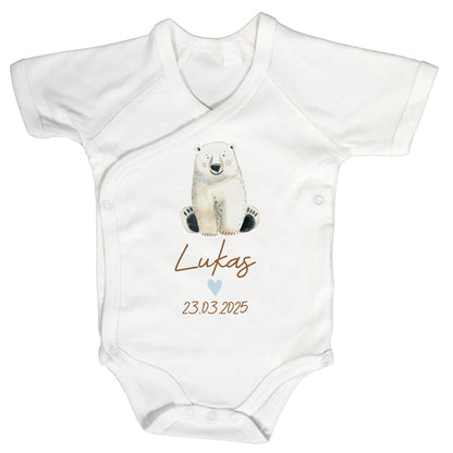 Baby Body Kurzarm mit Name & Geburtsdatum | Wickelbody aus Bio-Baumwolle | Tierparty - Eisbär