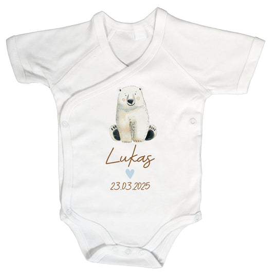 Baby Body Kurzarm mit Name & Geburtsdatum | Wickelbody aus Bio-Baumwolle | Tierparty - Eisbär