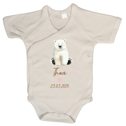 Baby Body Kurzarm mit Name & Geburtsdatum | Wickelbody aus Bio-Baumwolle | Tierparty - Eisbär