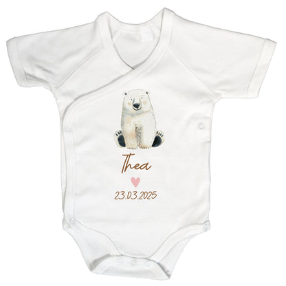 Baby Body Kurzarm mit Name & Geburtsdatum | Wickelbody aus Bio-Baumwolle | Tierparty - Eisbär