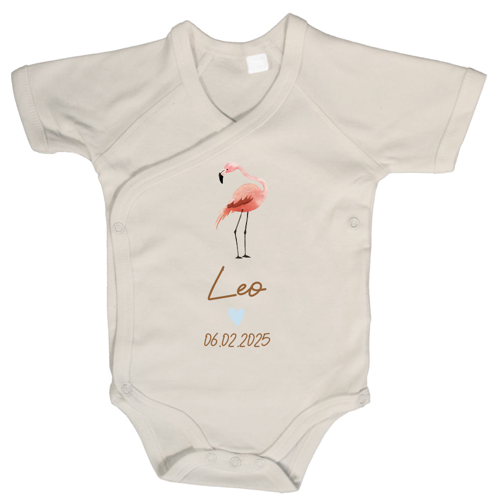 Baby Body Kurzarm mit Name & Geburtsdatum | Wickelbody aus Bio-Baumwolle | Tierparty - Flamingo