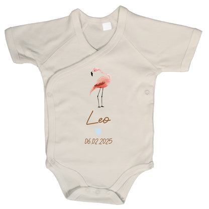 Baby Body Kurzarm mit Name & Geburtsdatum | Wickelbody aus Bio-Baumwolle | Tierparty - Flamingo