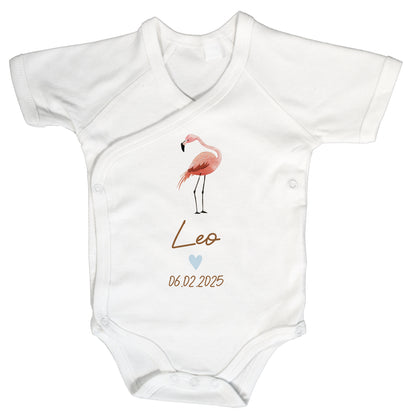 Baby Body Kurzarm mit Name & Geburtsdatum | Wickelbody aus Bio-Baumwolle | Tierparty - Flamingo