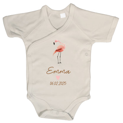 Baby Body Kurzarm mit Name & Geburtsdatum | Wickelbody aus Bio-Baumwolle | Tierparty - Flamingo