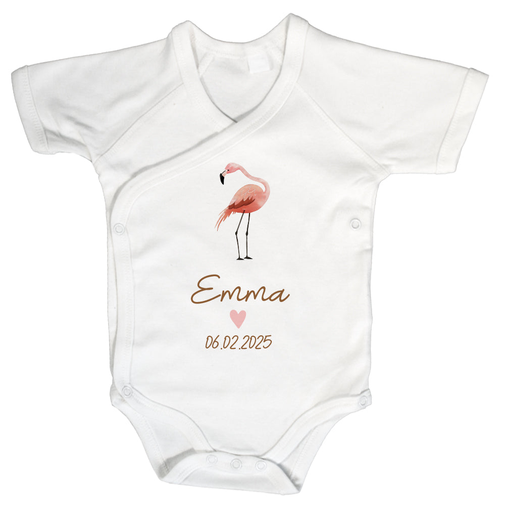 Baby Body Kurzarm mit Name & Geburtsdatum | Wickelbody aus Bio-Baumwolle | Tierparty - Flamingo