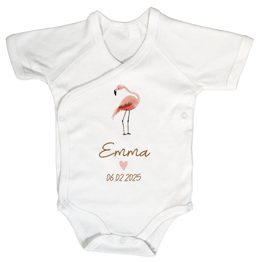 Baby Body Kurzarm mit Name & Geburtsdatum | Wickelbody aus Bio-Baumwolle | Tierparty - Flamingo