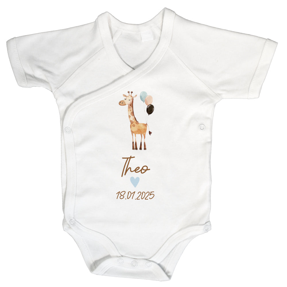Baby Body Kurzarm mit Name & Geburtsdatum | Wickelbody aus Bio-Baumwolle | Tierparty - Giraffe