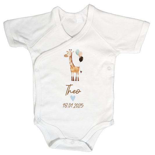 Baby Body Kurzarm mit Name & Geburtsdatum | Wickelbody aus Bio-Baumwolle | Tierparty - Giraffe