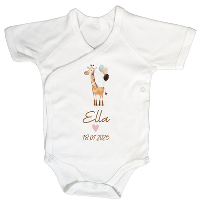 Baby Body Kurzarm mit Name & Geburtsdatum | Wickelbody aus Bio-Baumwolle | Tierparty - Giraffe