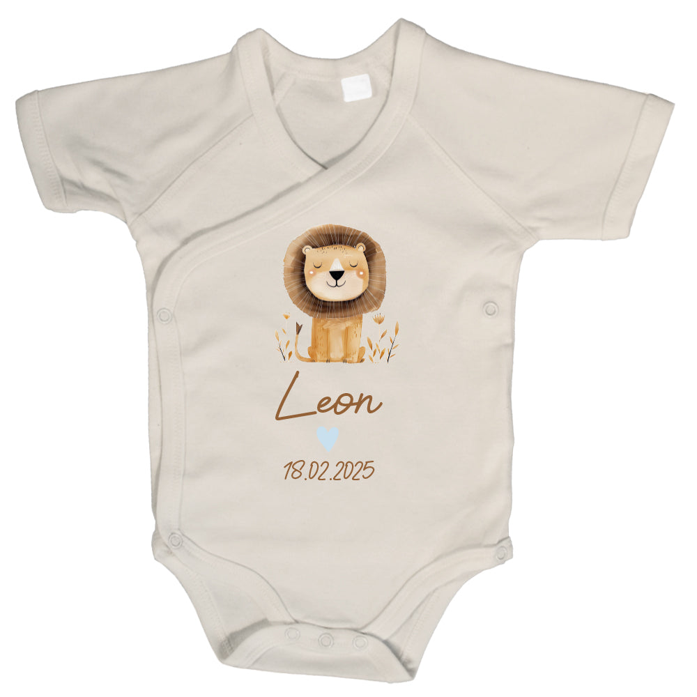 Baby Body Kurzarm mit Name & Geburtsdatum | Wickelbody aus Bio-Baumwolle | Tierparty - Löwe