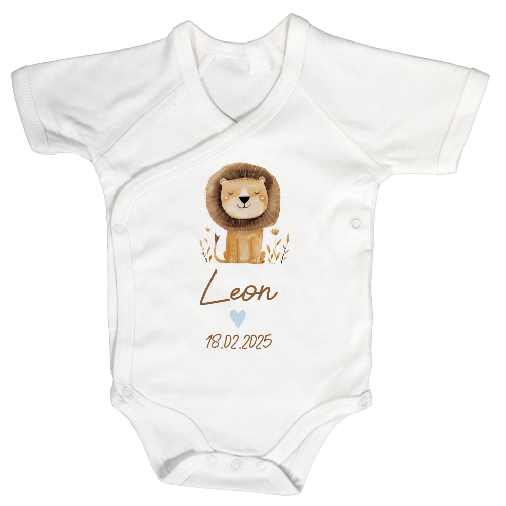 Baby Body Kurzarm mit Name & Geburtsdatum | Wickelbody aus Bio-Baumwolle | Tierparty - Löwe