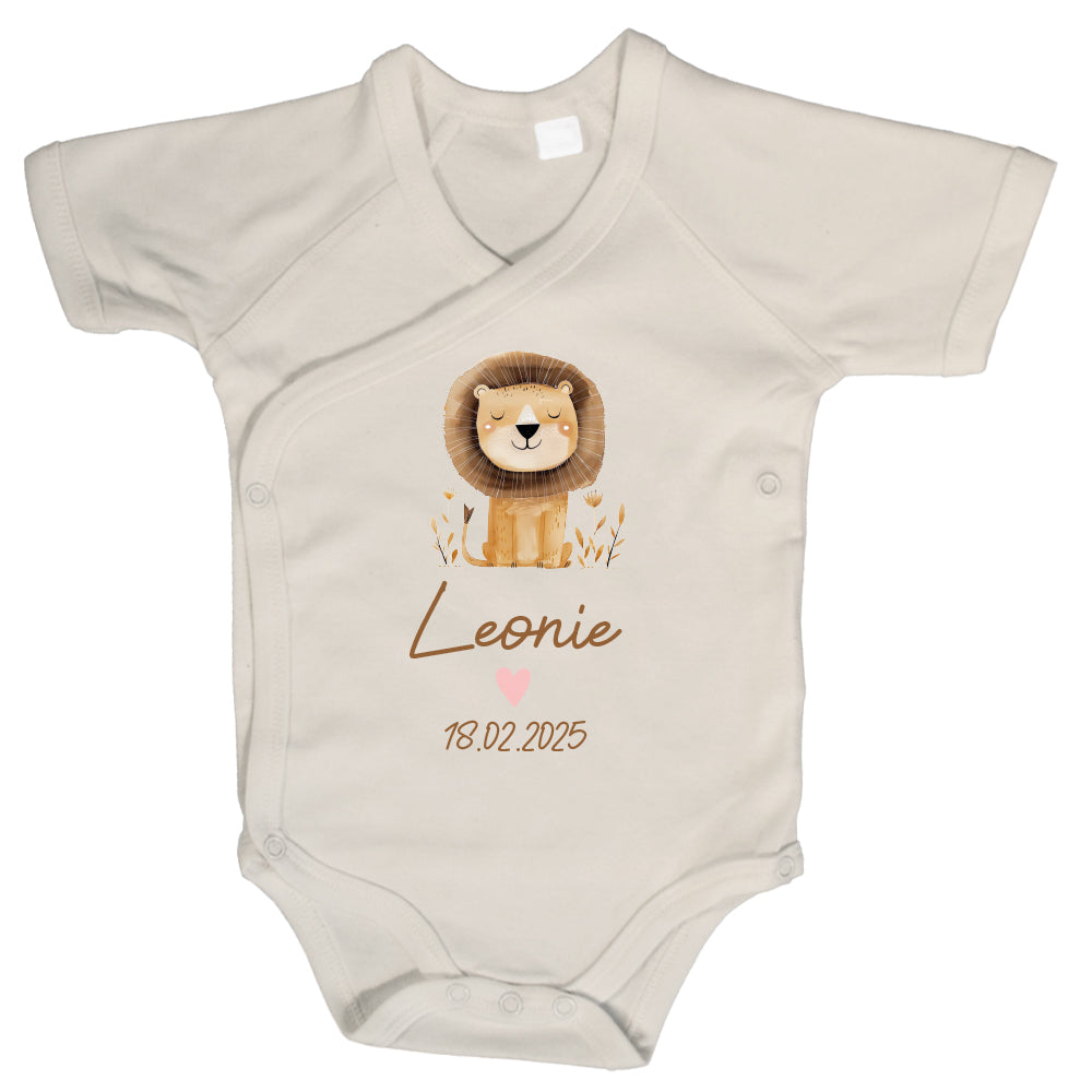 Baby Body Kurzarm mit Name & Geburtsdatum | Wickelbody aus Bio-Baumwolle | Tierparty - Löwe