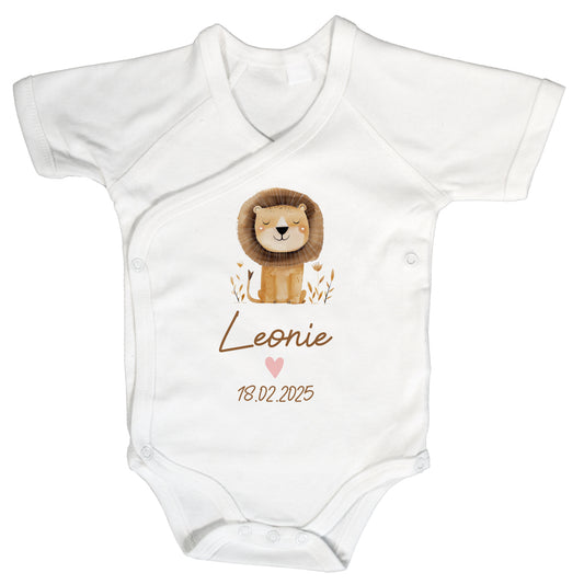 Baby Body Kurzarm mit Name & Geburtsdatum | Wickelbody aus Bio-Baumwolle | Tierparty - Löwe