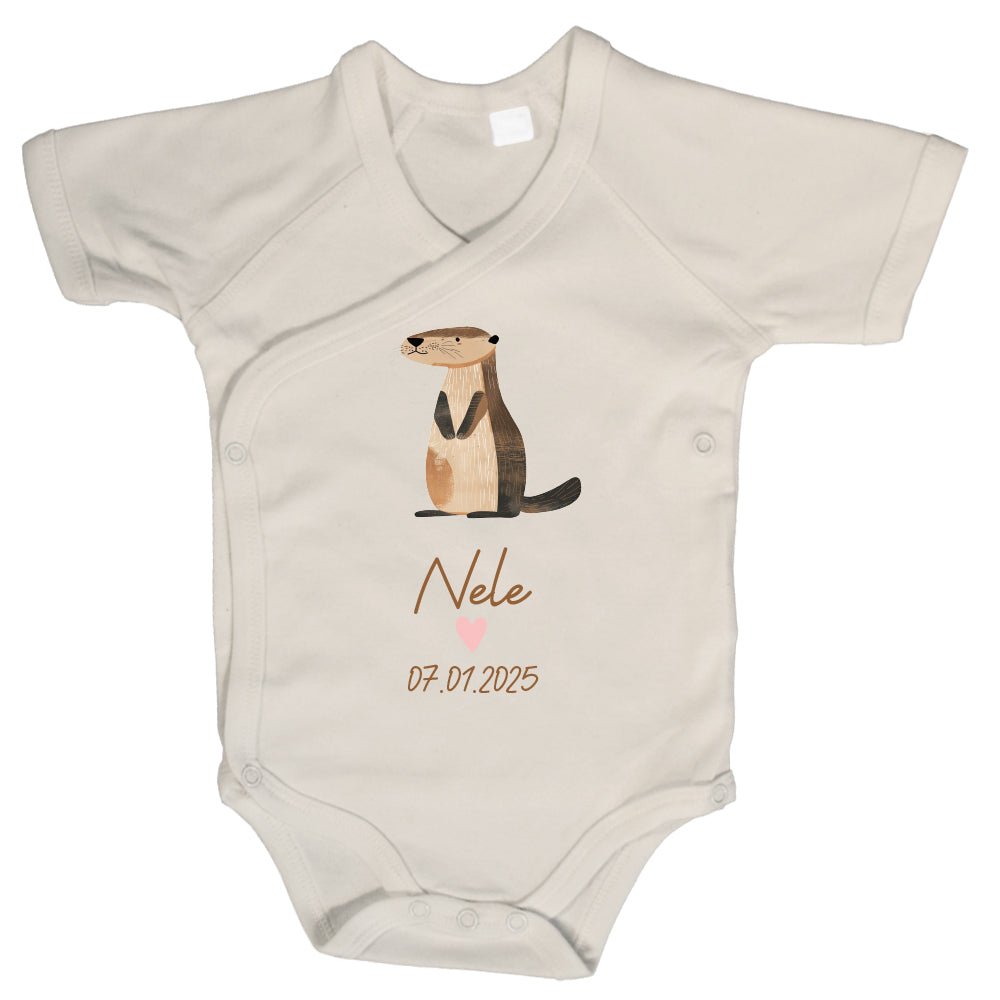 Baby Body Kurzarm mit Name & Geburtsdatum | Wickelbody aus Bio-Baumwolle | Tierparty - Otter