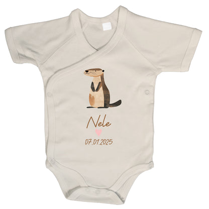 Baby Body Kurzarm mit Name & Geburtsdatum | Wickelbody aus Bio-Baumwolle | Tierparty - Otter