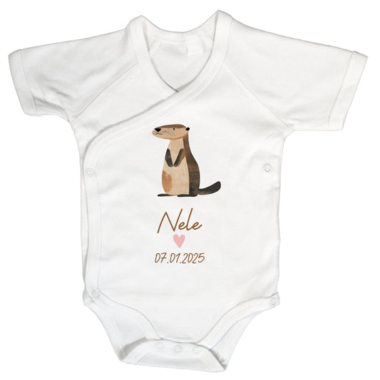 Baby Body Kurzarm mit Name & Geburtsdatum | Wickelbody aus Bio-Baumwolle | Tierparty - Otter
