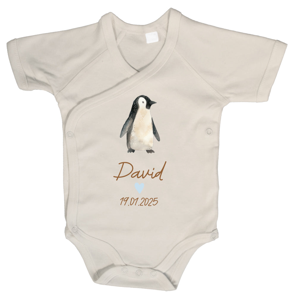 Baby Body Kurzarm mit Name & Geburtsdatum | Wickelbody aus Bio-Baumwolle | Tierparty - Pinguin