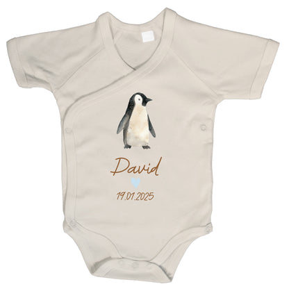 Baby Body Kurzarm mit Name & Geburtsdatum | Wickelbody aus Bio-Baumwolle | Tierparty - Pinguin