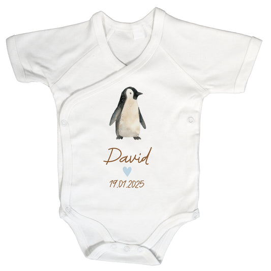 Baby Body Kurzarm mit Name & Geburtsdatum | Wickelbody aus Bio-Baumwolle | Tierparty - Pinguin