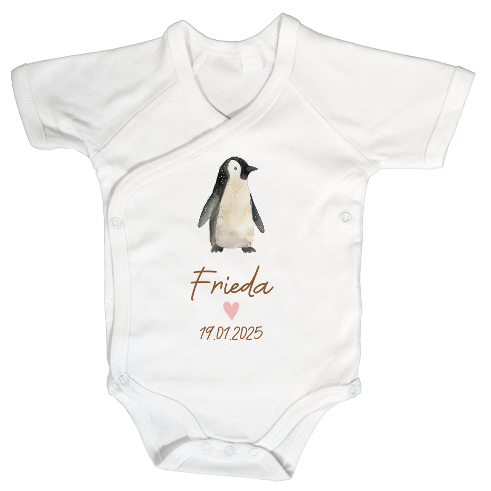 Baby Body Kurzarm mit Name & Geburtsdatum | Wickelbody aus Bio-Baumwolle | Tierparty - Pinguin