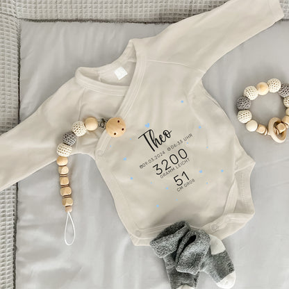 Baby Body Langarm mit Name & Geburtsdaten | Wickelbody aus Bio-Baumwolle | Babys Daten