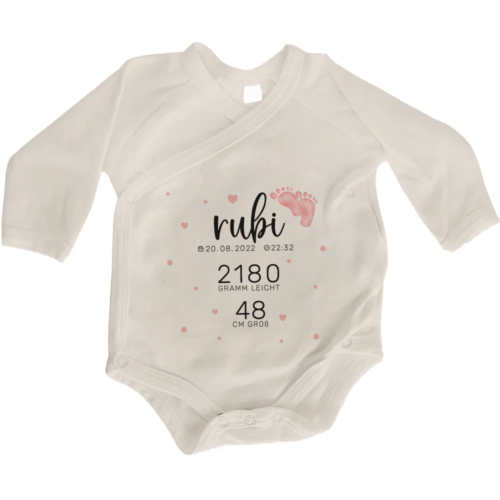 Baby Body Langarm mit Name & Geburtsdaten | Wickelbody aus Bio-Baumwolle | Babys Daten