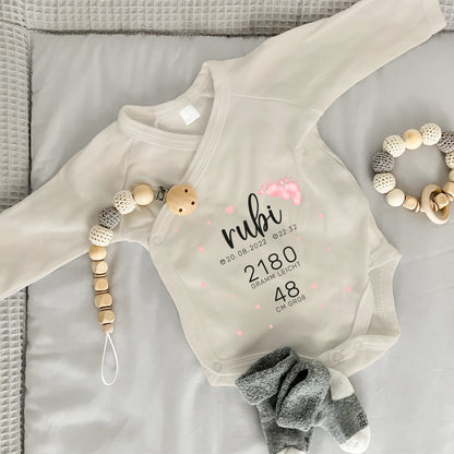 Baby Body Langarm mit Name & Geburtsdaten | Wickelbody aus Bio-Baumwolle | Babys Daten