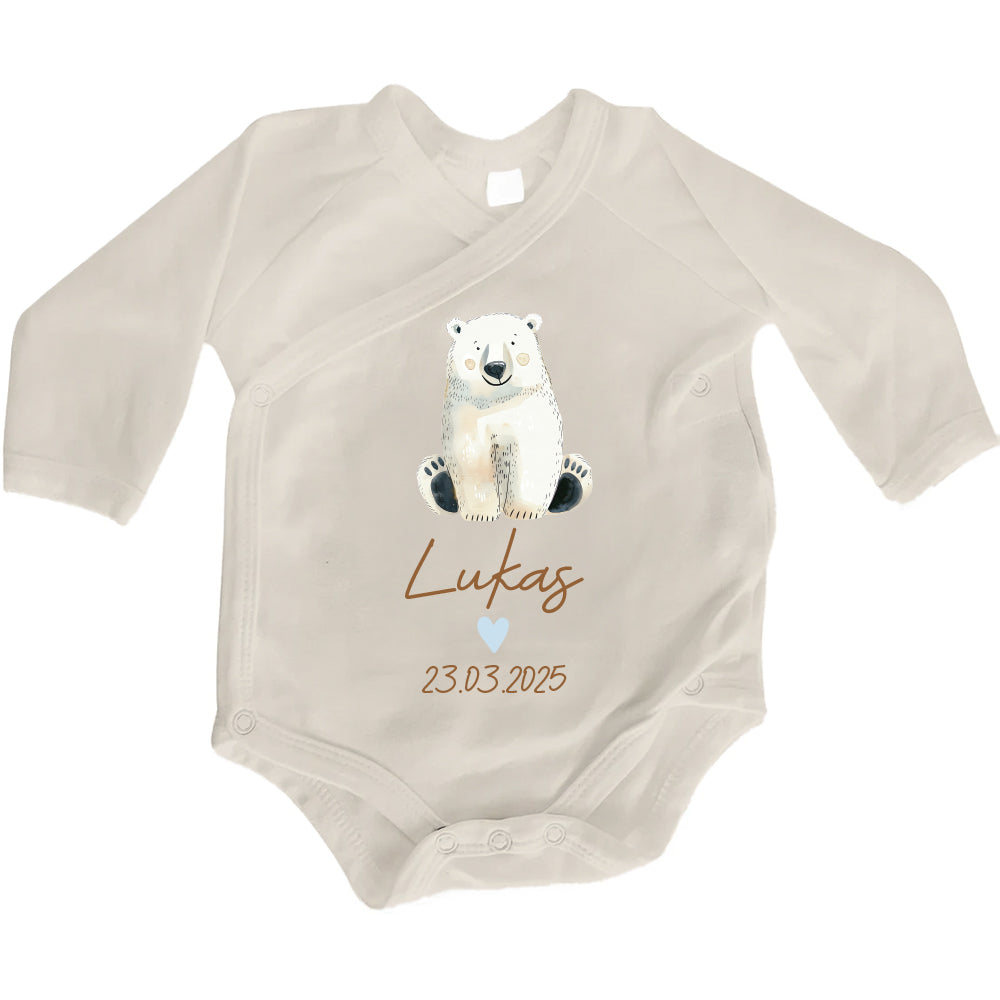 Baby Body Langarm mit Name & Geburtsdatum | Wickelbody aus Bio-Baumwolle | Tierparty - Eisbär