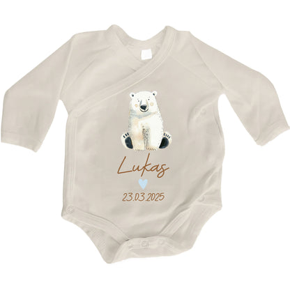 Baby Body Langarm mit Name & Geburtsdatum | Wickelbody aus Bio-Baumwolle | Tierparty - Eisbär