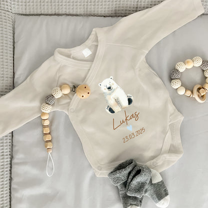 Baby Body Langarm mit Name & Geburtsdatum | Wickelbody aus Bio-Baumwolle | Tierparty - Eisbär
